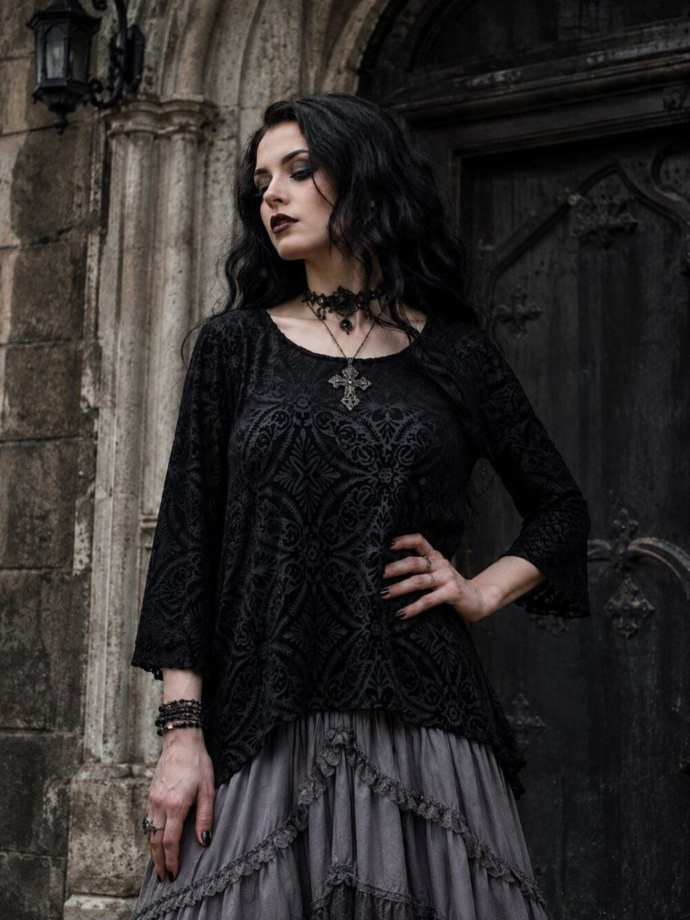 Black Velvet Burnout Mesh Blouse Gothic Damask 3/4 Sleeve Sheer Tunic Top М